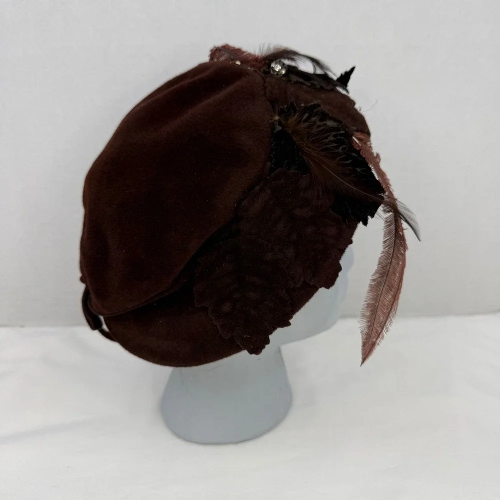 Vintage Henry G. Ross Original Brown Velour Feather Beret Hat Medium NY Paris